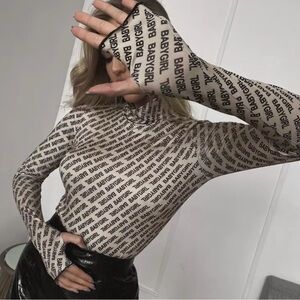 SHEIN Black and Cream Text Print Bodysuit